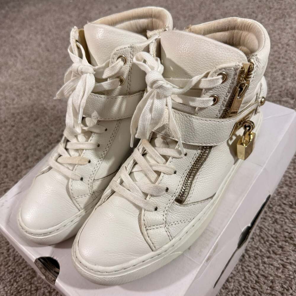 ALDO Fasnacht-70 White Leather High Top Sneakers Gold‎ Lock Womens 8.5 EU39